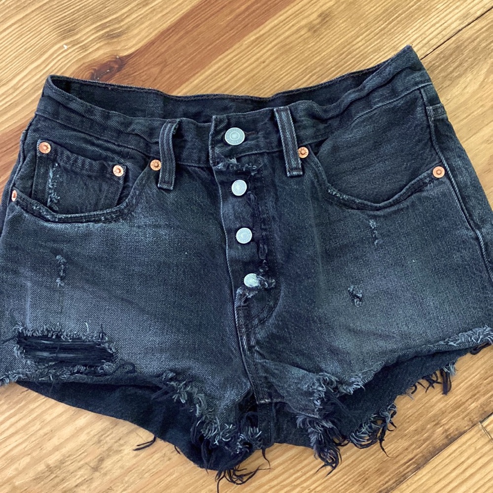 Levi’s 26 black denim shorts, button fly, destroyed wash, great condition